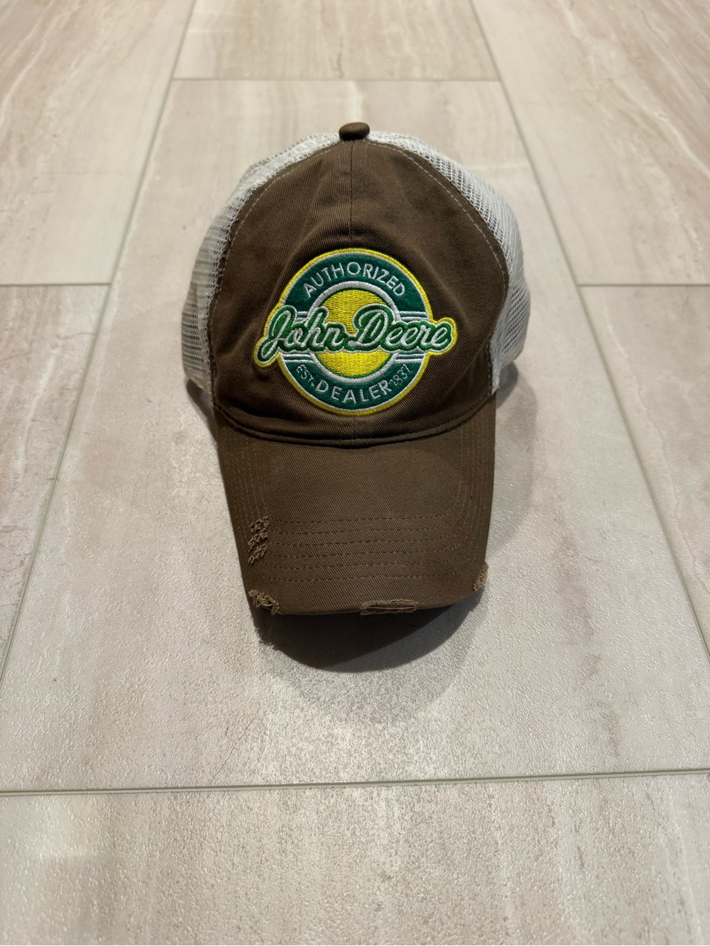 John Deere Brown & White Mesh Trucker Hat with Green Logo
